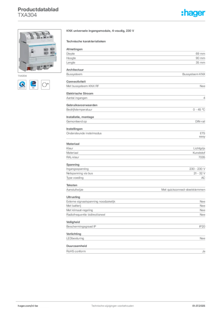 Afbeelding Hager Productdatablad TXA304 | Hager Belgium