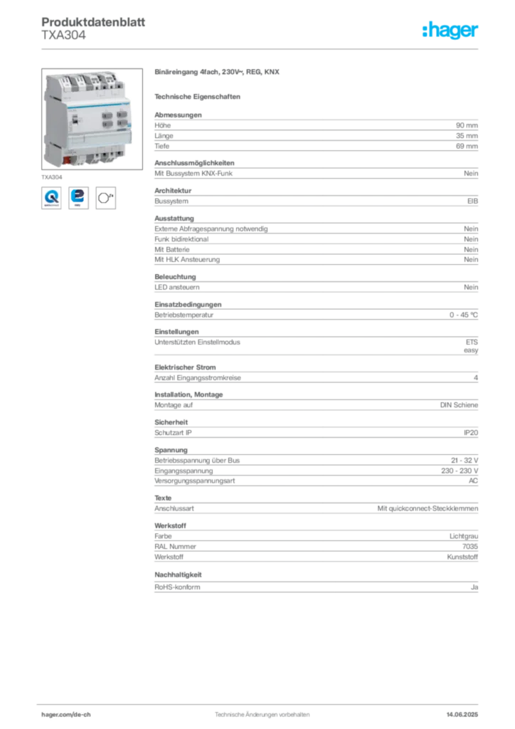 Bild Hager Produktdatenblatt TXA304 | Hager Schweiz