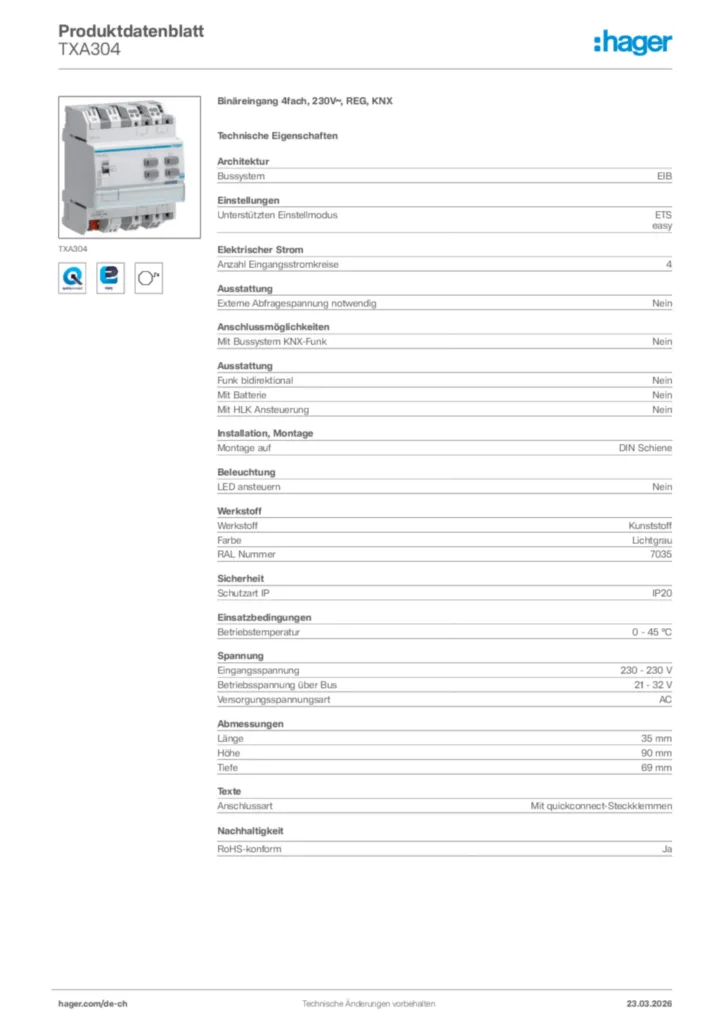 Bild Hager Produktdatenblatt TXA304 | Hager Schweiz
