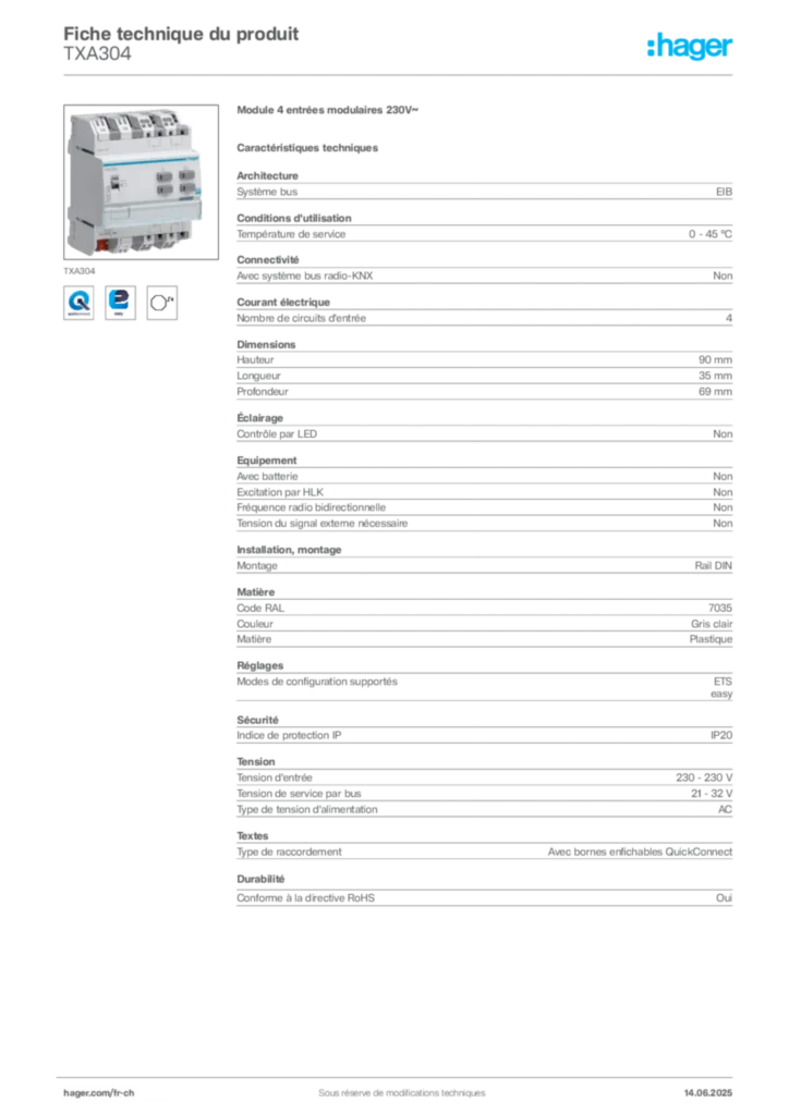 Image Hager Fiche technique du produit TXA304 | Hager Suisse