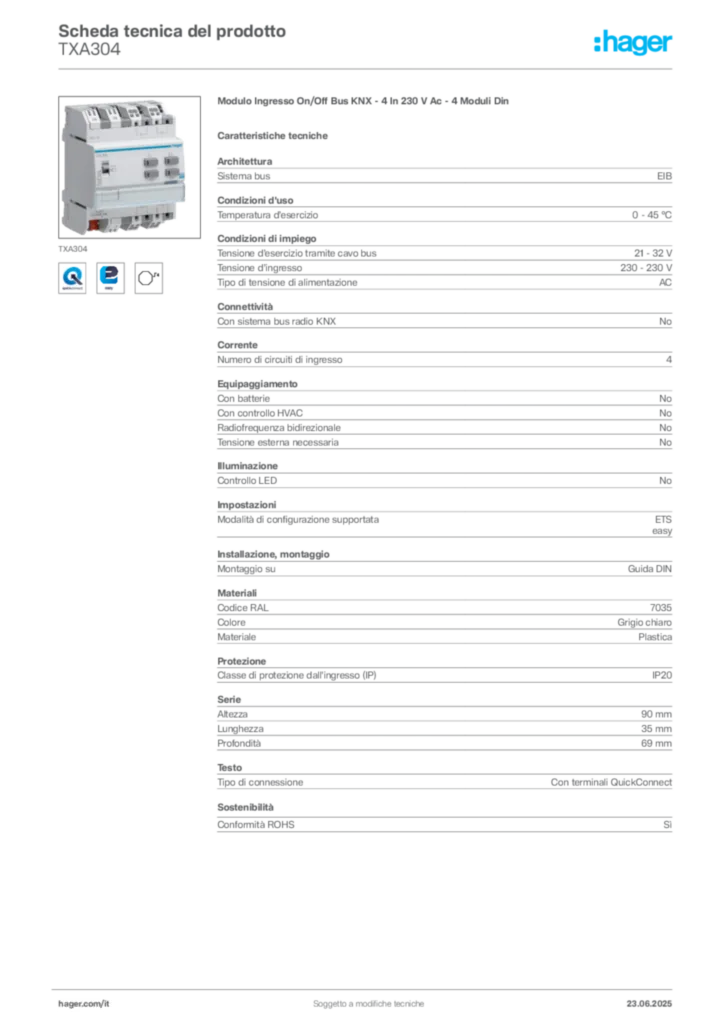 Immagine Hager Scheda tecnica del prodotto TXA304 | Hager Italia