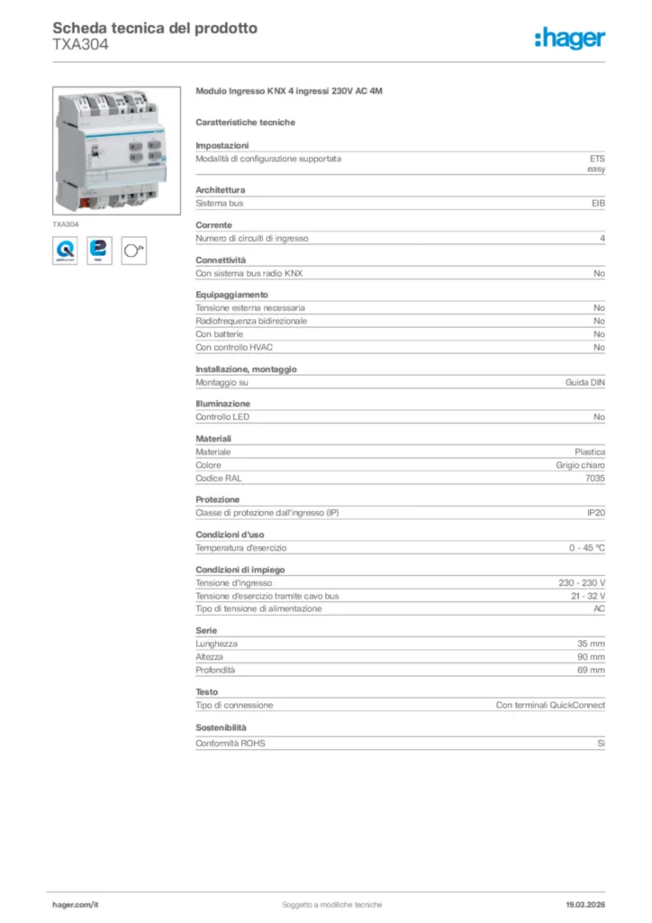 Immagine Hager Scheda tecnica del prodotto TXA304 | Hager Italia