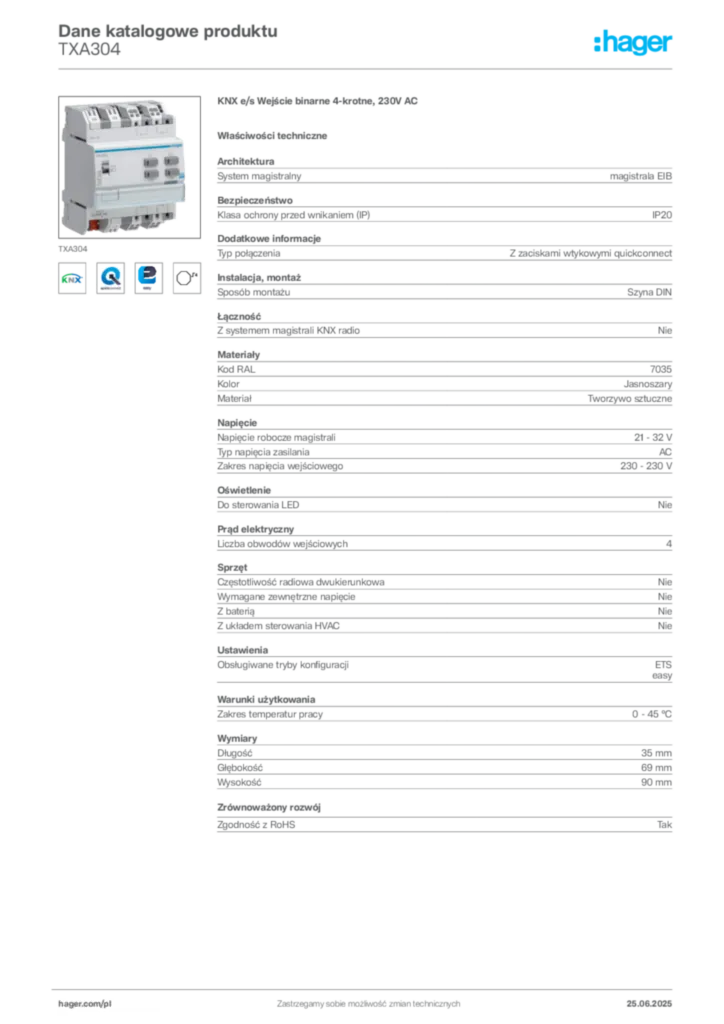 Zdjęcie Hager Dane katalogowe produktu TXA304 | Hager Polska
