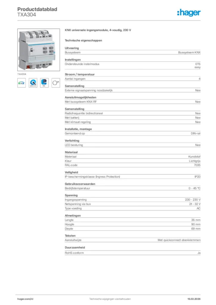 Afbeelding Hager Productdatablad TXA304 | Hager Nederland