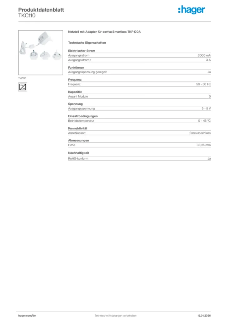 Bild Hager Produktdatenblatt TKC110 | Hager Deutschland