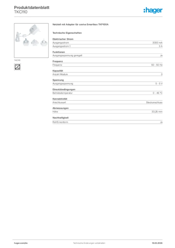 Bild Hager Produktdatenblatt TKC110 | Hager Deutschland
