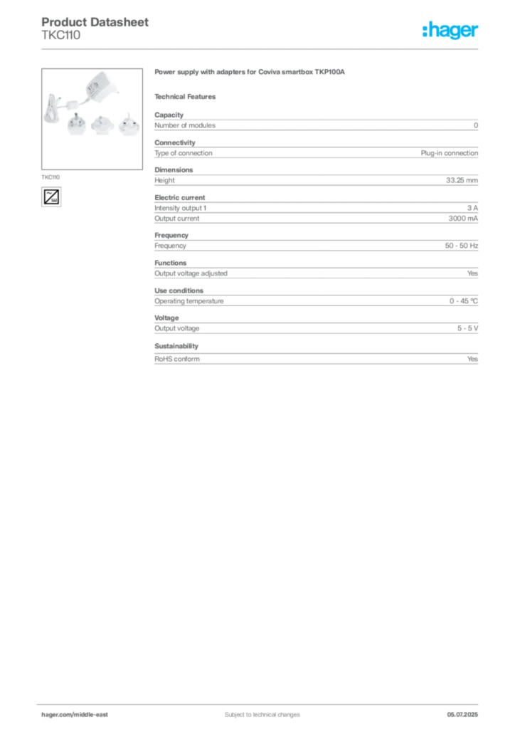 Image Hager Product data sheet TKC110  | Hager