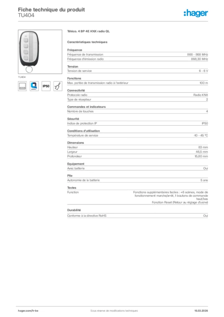 Image Hager Fiche technique du produit TU404 | Hager Belgique