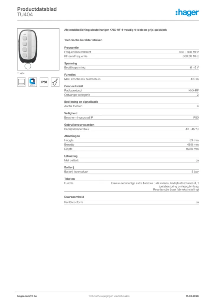 Afbeelding Hager Productdatablad TU404 | Hager Belgium