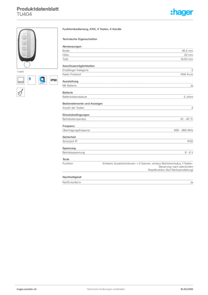 Bild Hager Produktdatenblatt TU404 | Hager Schweiz