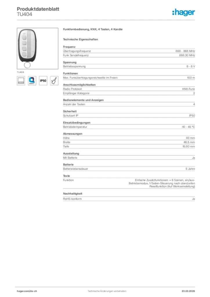 Bild Hager Produktdatenblatt TU404 | Hager Schweiz