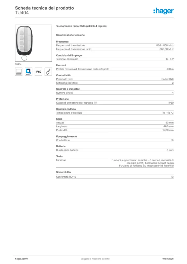 Immagine Hager Scheda tecnica del prodotto TU404 | Hager Italia