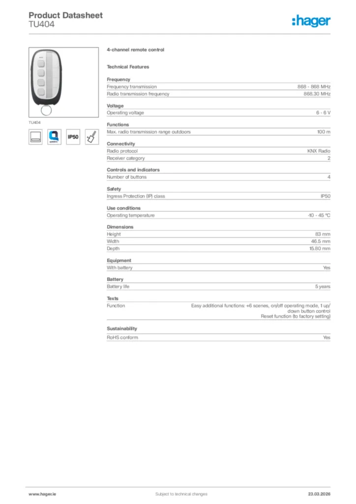 Image Hager Product data sheet TU404  | Hager
