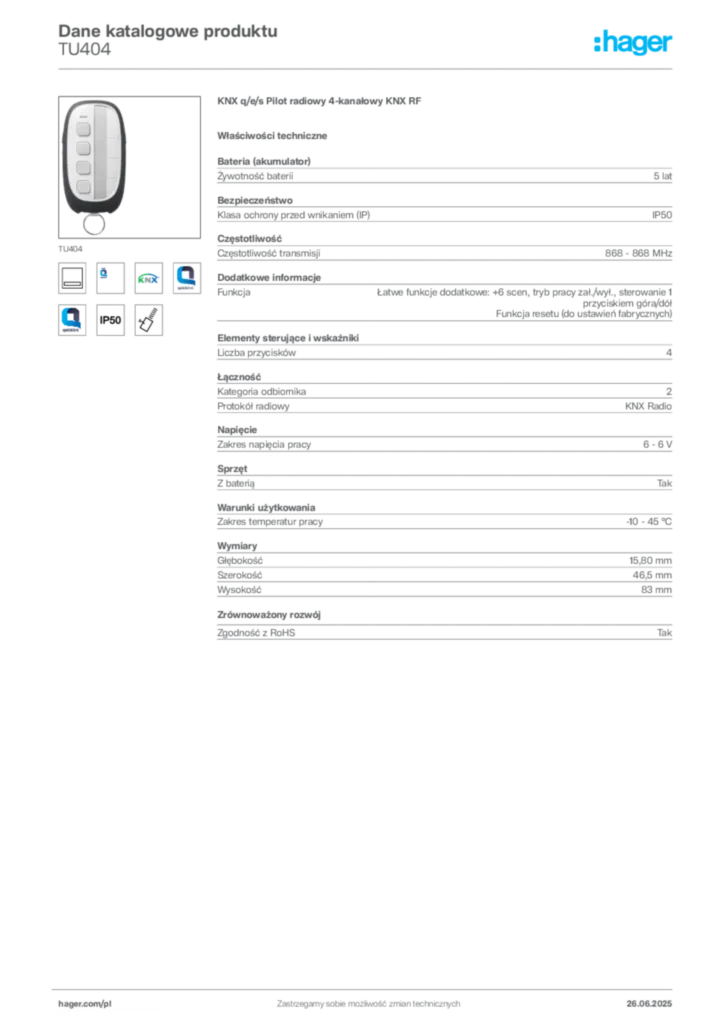 Zdjęcie Hager Dane katalogowe produktu TU404 | Hager Polska