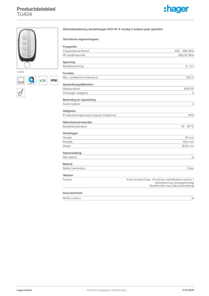 Afbeelding Hager Productdatablad TU404 | Hager Nederland