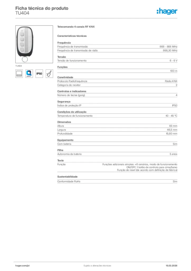 Imagem Hager Ficha técnica do produto TU404 | Hager Portugal