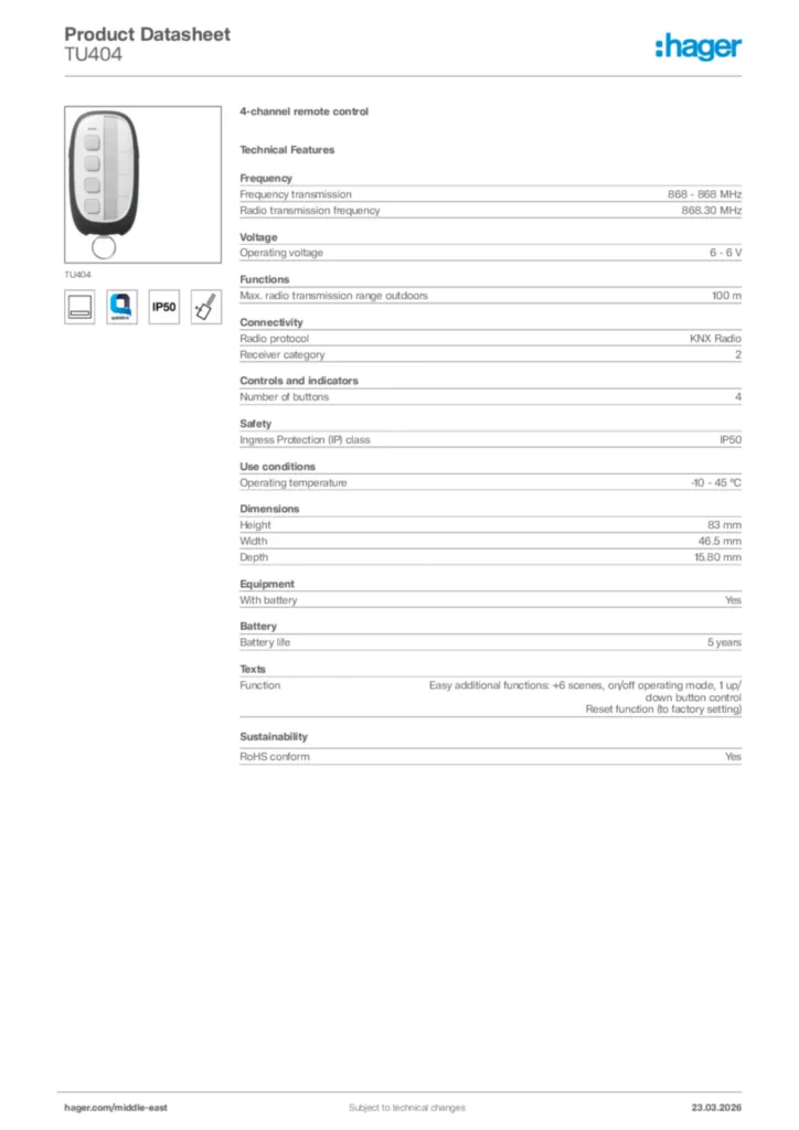 Image Hager Product data sheet TU404  | Hager