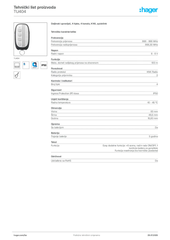 Slika Hager Product data sheet TU404  | Hager