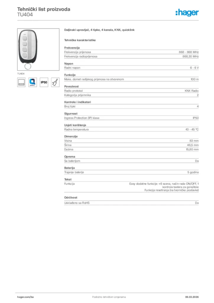 Slika Hager Tehnički list proizvoda TU404  | Hager