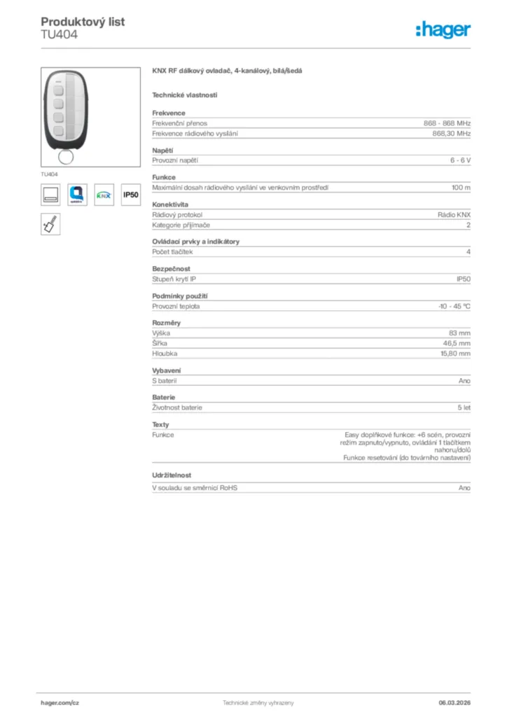 Obrázek Hager Product data sheet TU404 | Hager