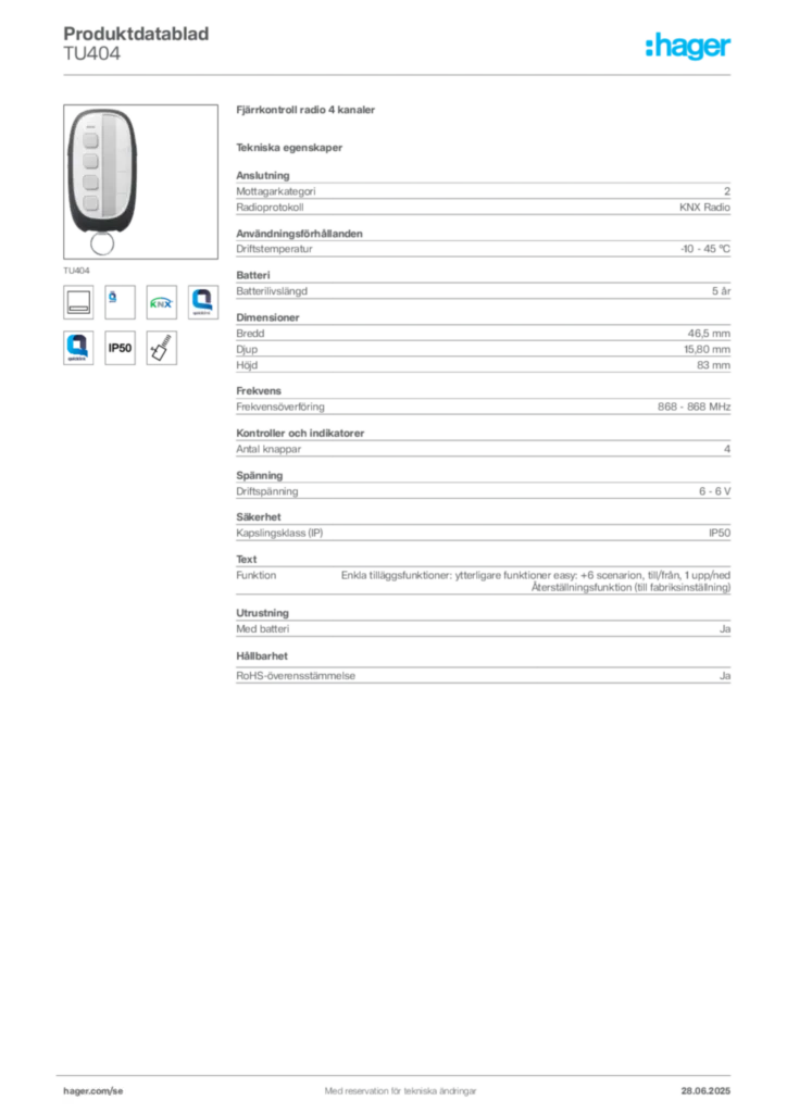 Bild Hager Produktdatablad TU404 | Hager Sverige