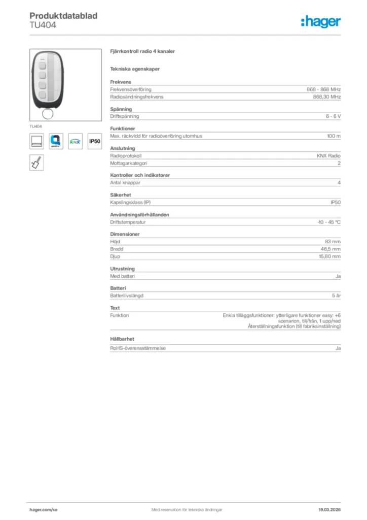 Bild Hager Produktdatablad TU404 | Hager Sverige