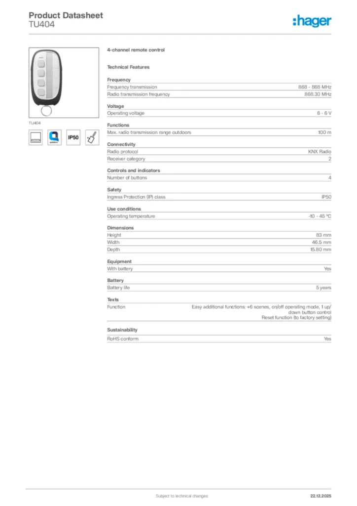Image Hager Product data sheet TU404  | Hager