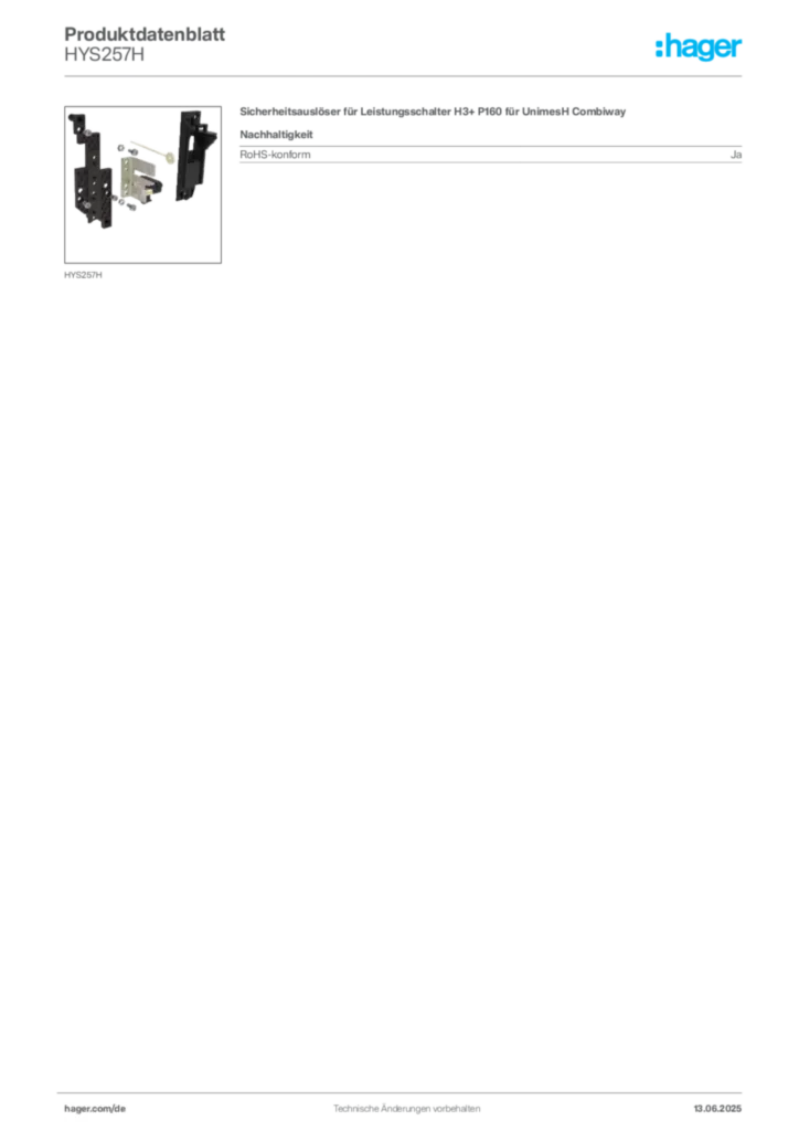 Bild Hager Produktdatenblatt HYS257H | Hager Deutschland