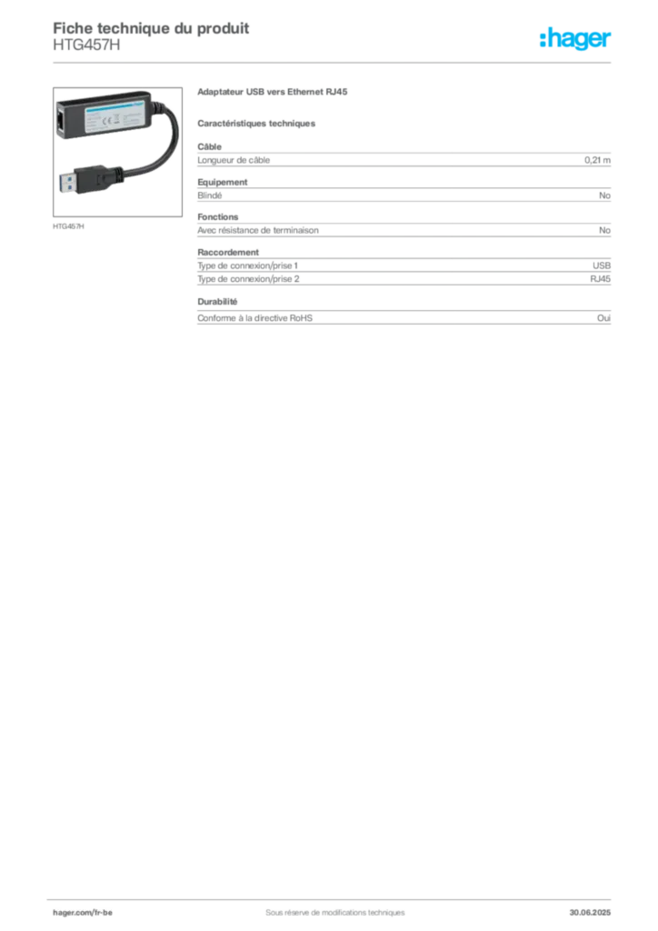 Image Hager Fiche technique du produit HTG457H | Hager Belgique