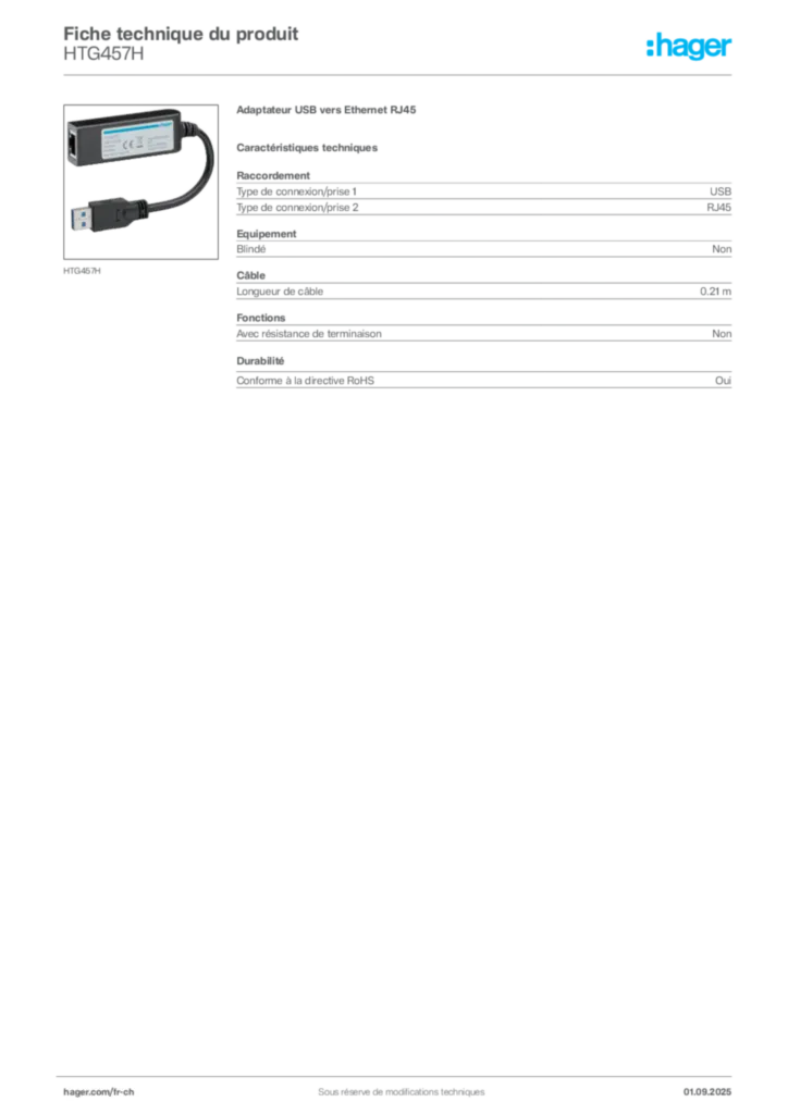 Image Hager Fiche technique du produit HTG457H | Hager Suisse