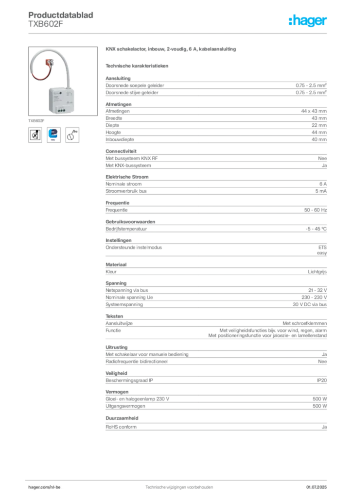 Afbeelding Hager Productdatablad TXB602F | Hager Belgium