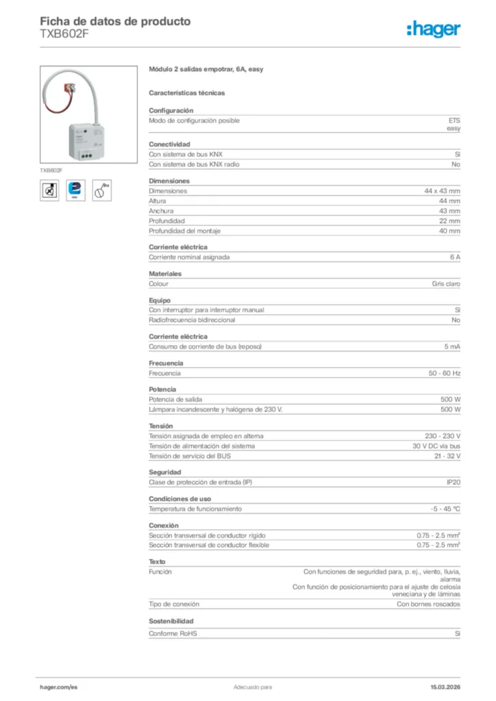 Imagen Hager Ficha de datos de producto TXB602F | Hager España