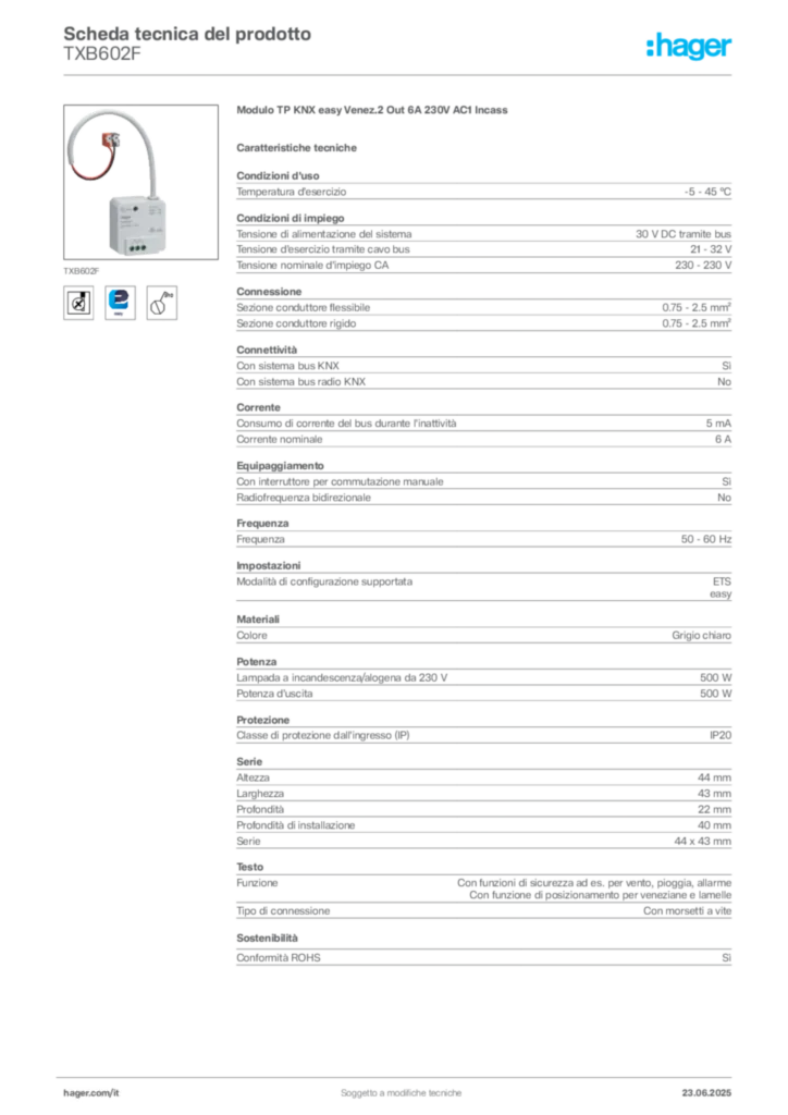 Immagine Hager Scheda tecnica del prodotto TXB602F | Hager Italia