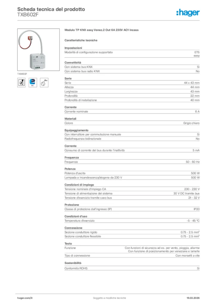 Immagine Hager Scheda tecnica del prodotto TXB602F | Hager Italia