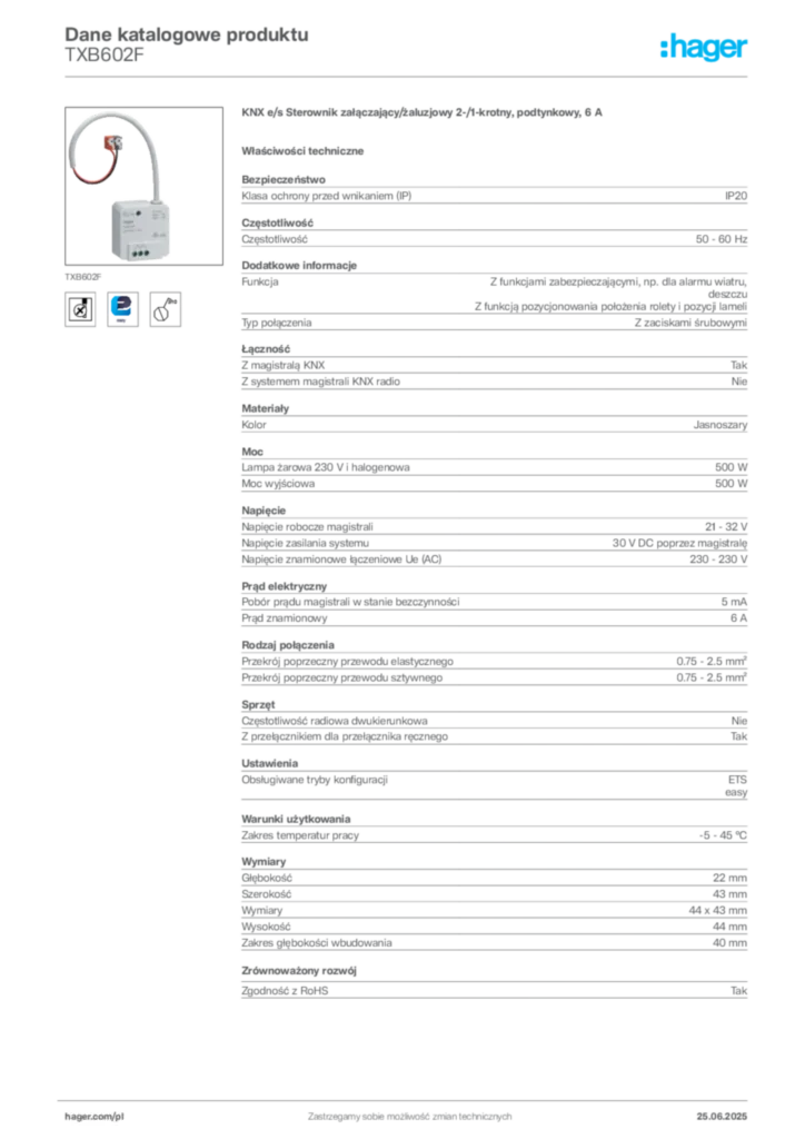 Zdjęcie Hager Dane katalogowe produktu TXB602F | Hager Polska
