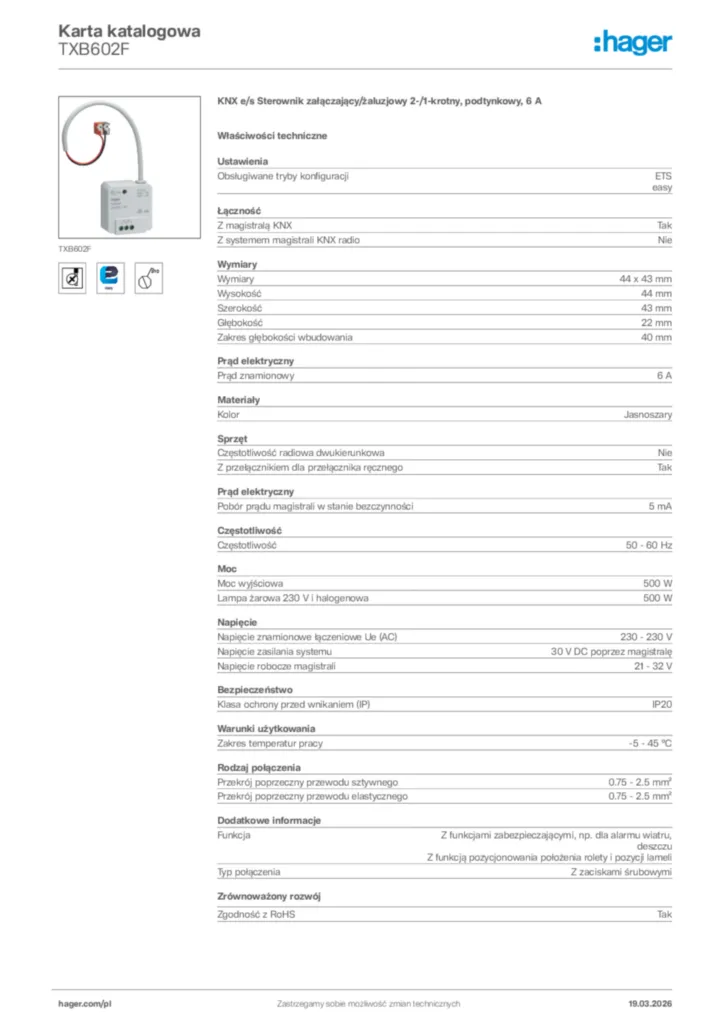 Zdjęcie Hager Karta katalogowa TXB602F | Hager Polska