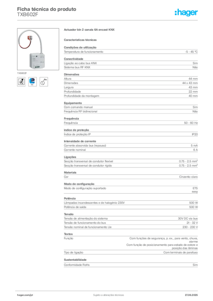 Imagem Hager Ficha técnica do produto TXB602F | Hager Portugal