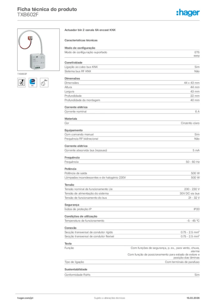 Imagem Hager Ficha técnica do produto TXB602F | Hager Portugal
