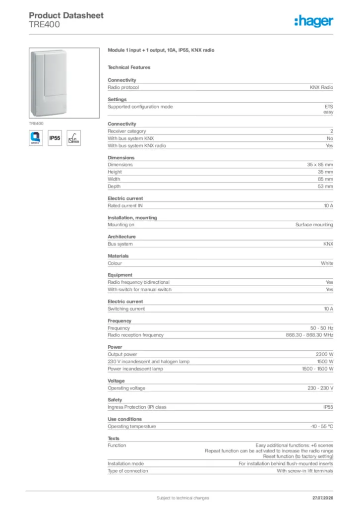 Image Hager Product data sheet TRE400  | Hager Africa