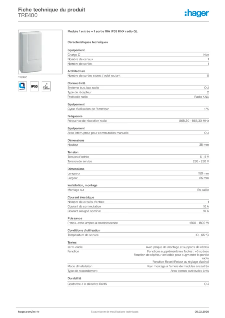Image Hager Fiche technique du produit TRE400 | Hager Afrique