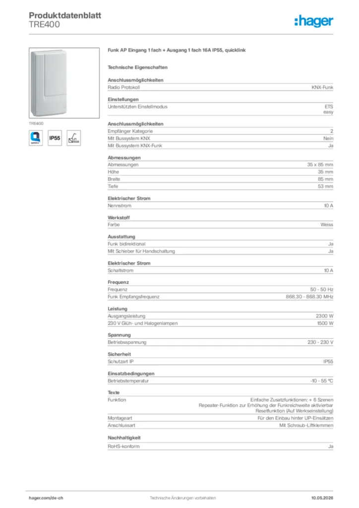 Bild Hager Produktdatenblatt TRE400 | Hager Schweiz