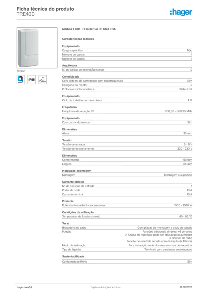 Imagem Hager Ficha técnica do produto TRE400 | Hager Portugal