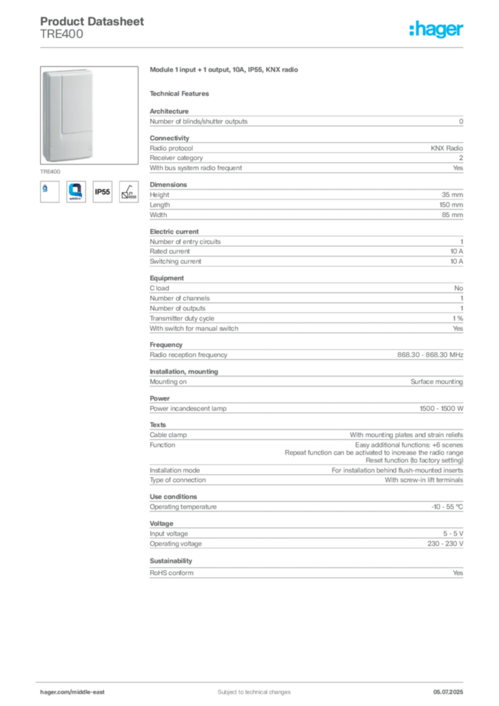 Image Hager Product data sheet TRE400  | Hager