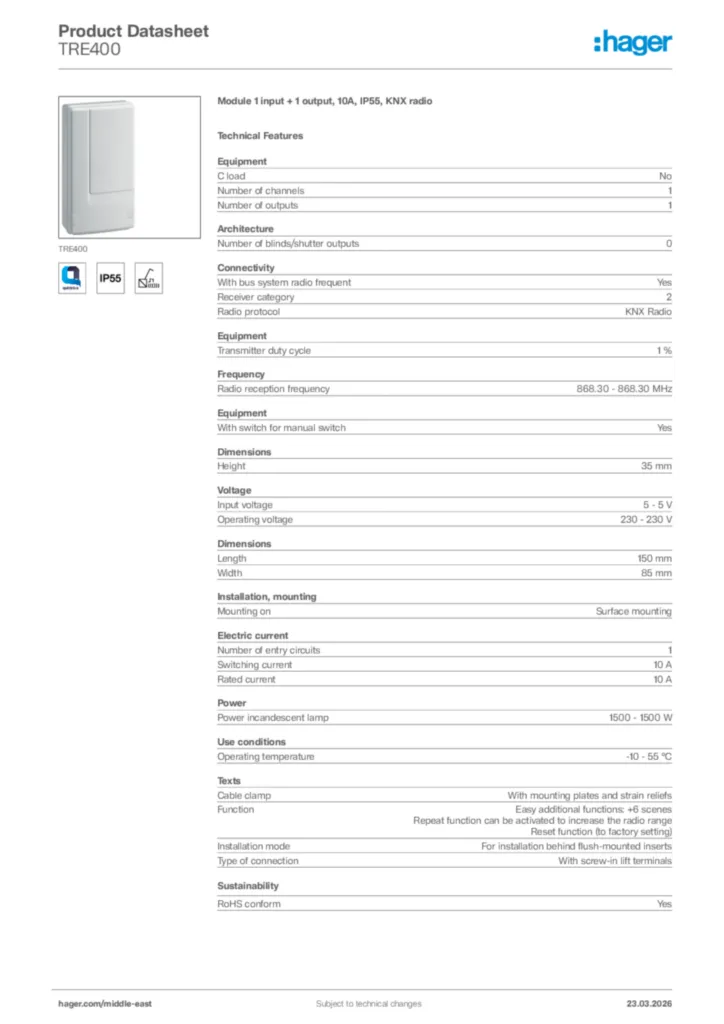 Image Hager Product data sheet TRE400  | Hager