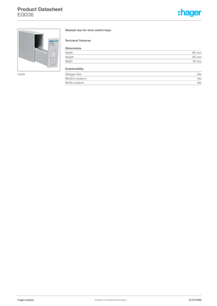 Image Hager Product data sheet EG006  | Hager Australia