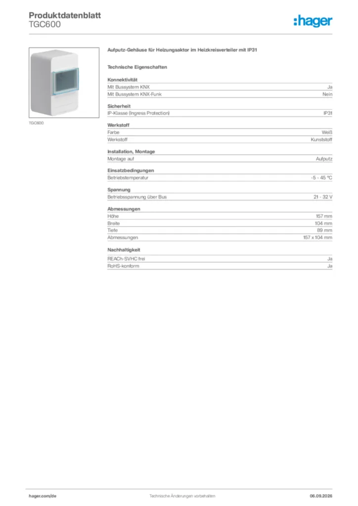 Bild Hager Produktdatenblatt TGC600 | Hager Deutschland
