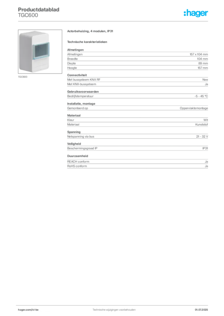 Afbeelding Hager Productdatablad TGC600 | Hager Belgium