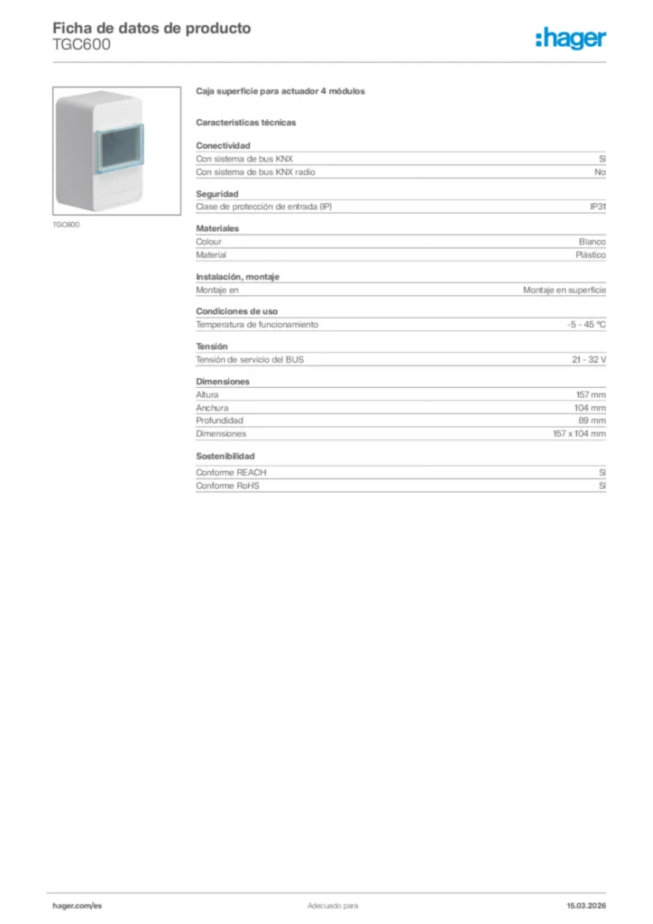 Imagen Hager Ficha de datos de producto TGC600 | Hager España