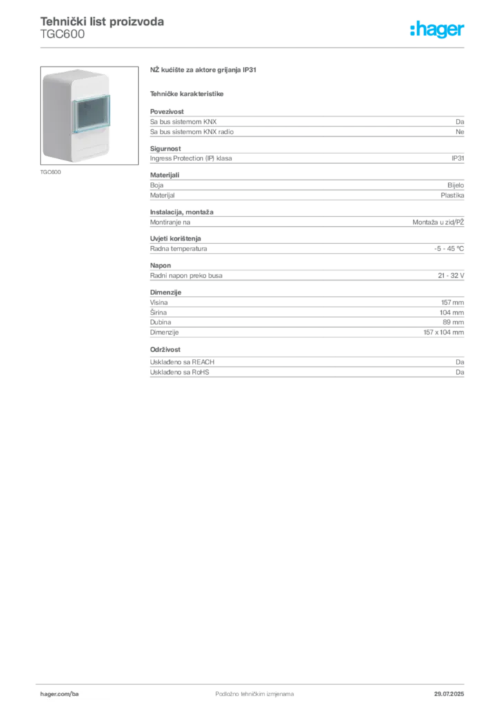 Slika Hager Product data sheet TGC600  | Hager