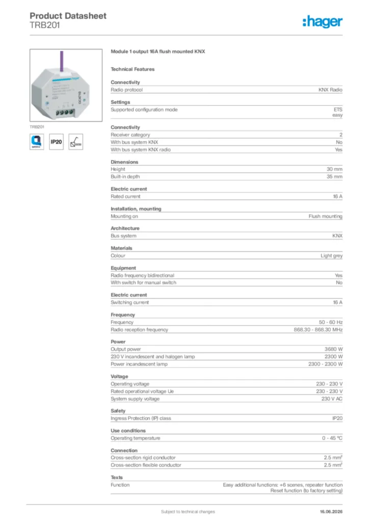 Image Hager Product data sheet TRB201  | Hager Africa